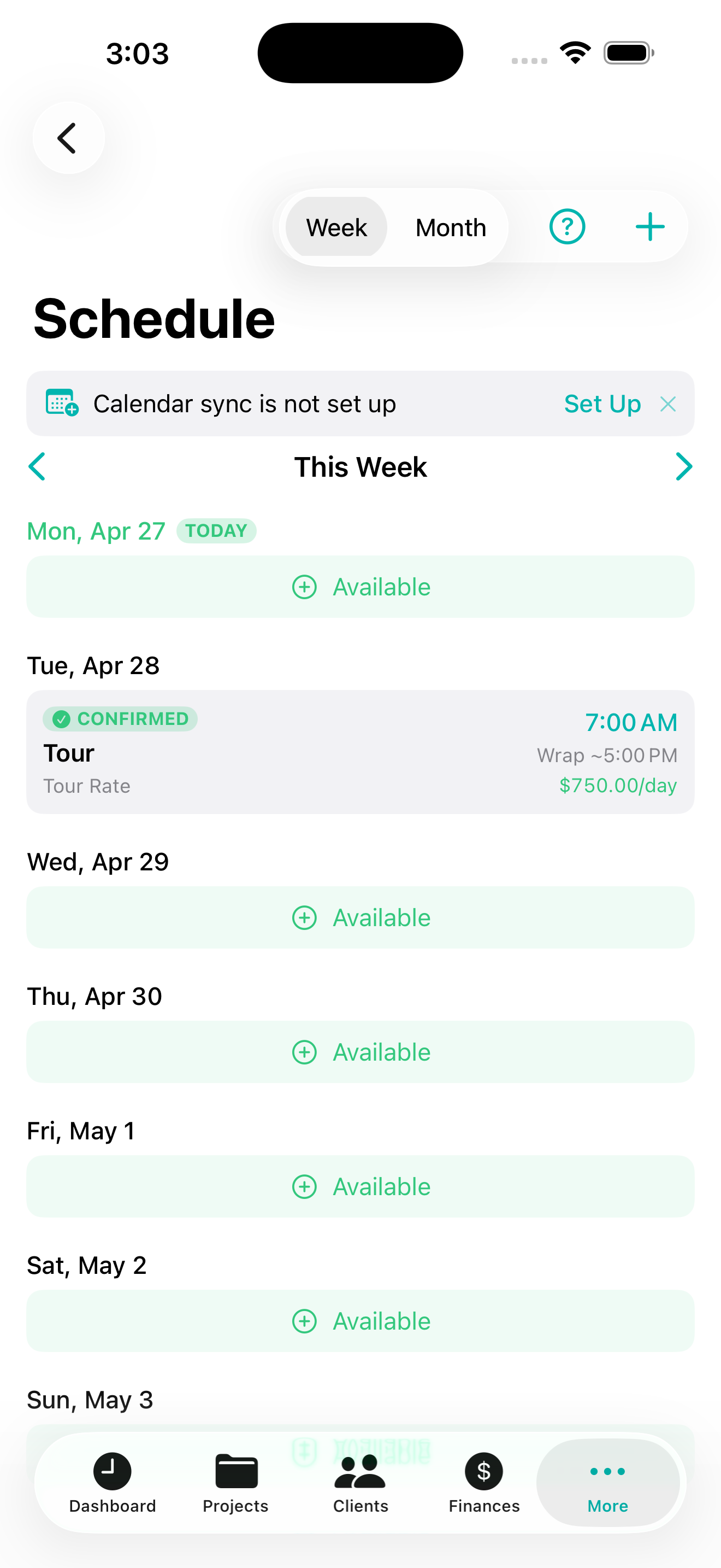 Schedule — Weekly view with booking statuses